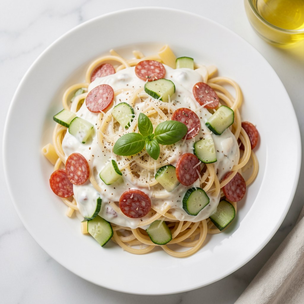 Spaghetti z śmietanowym sosem z cukinią
