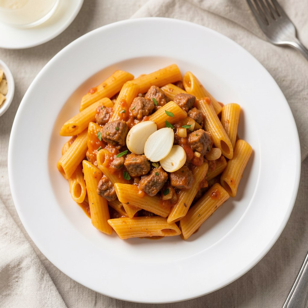 Makaron penne w sosie mięsno czosnkowym