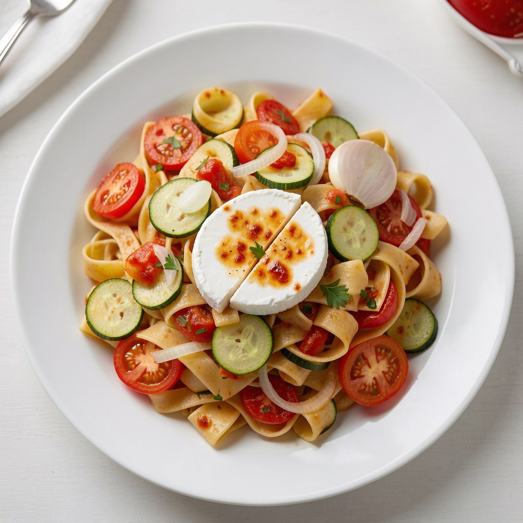 Makaron tagliatelle z cukinią, pomidorami i serem camembert