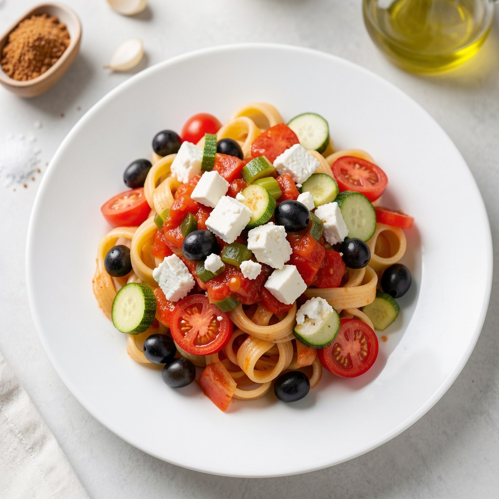 Makaron bucatini ze świeżymi pomidorami, cukinią, oliwkami i serem feta