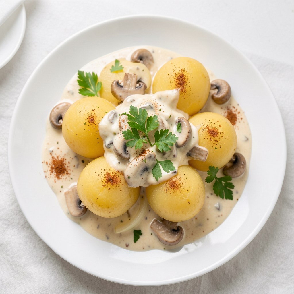 Ziemniaki z sosem pieczarkowo serowym