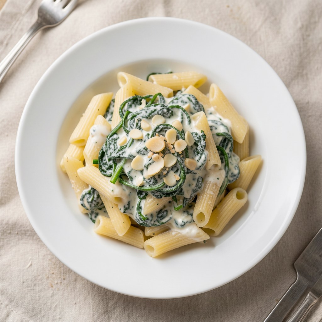 Makaron penne ze szpinakiem i serem pleśniowym