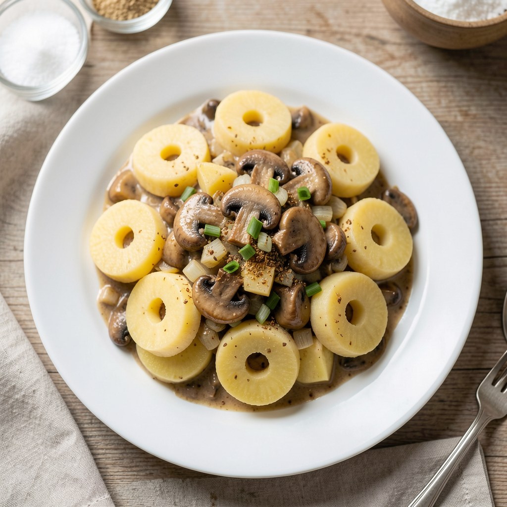 Kluski śląskie z sosem pieczarkowym