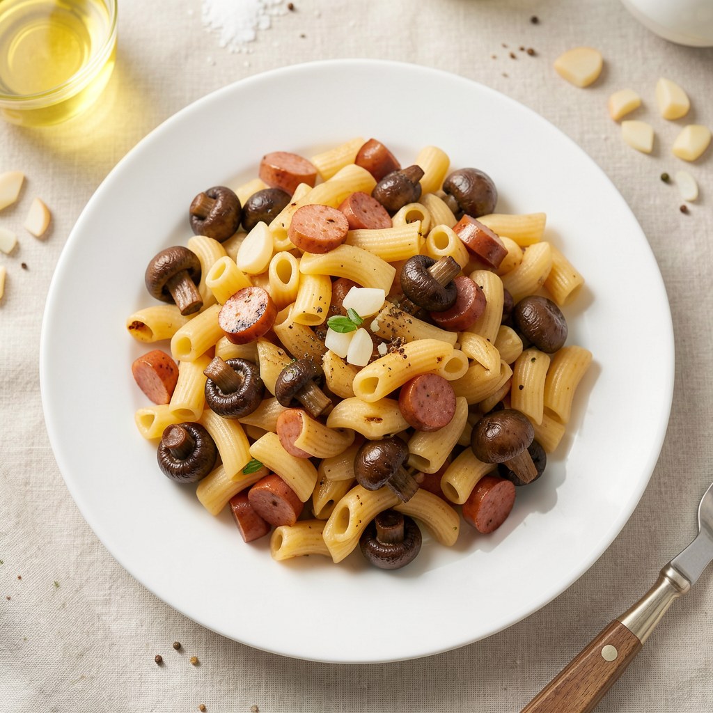Makaron z pieczarkami i kiełbasą