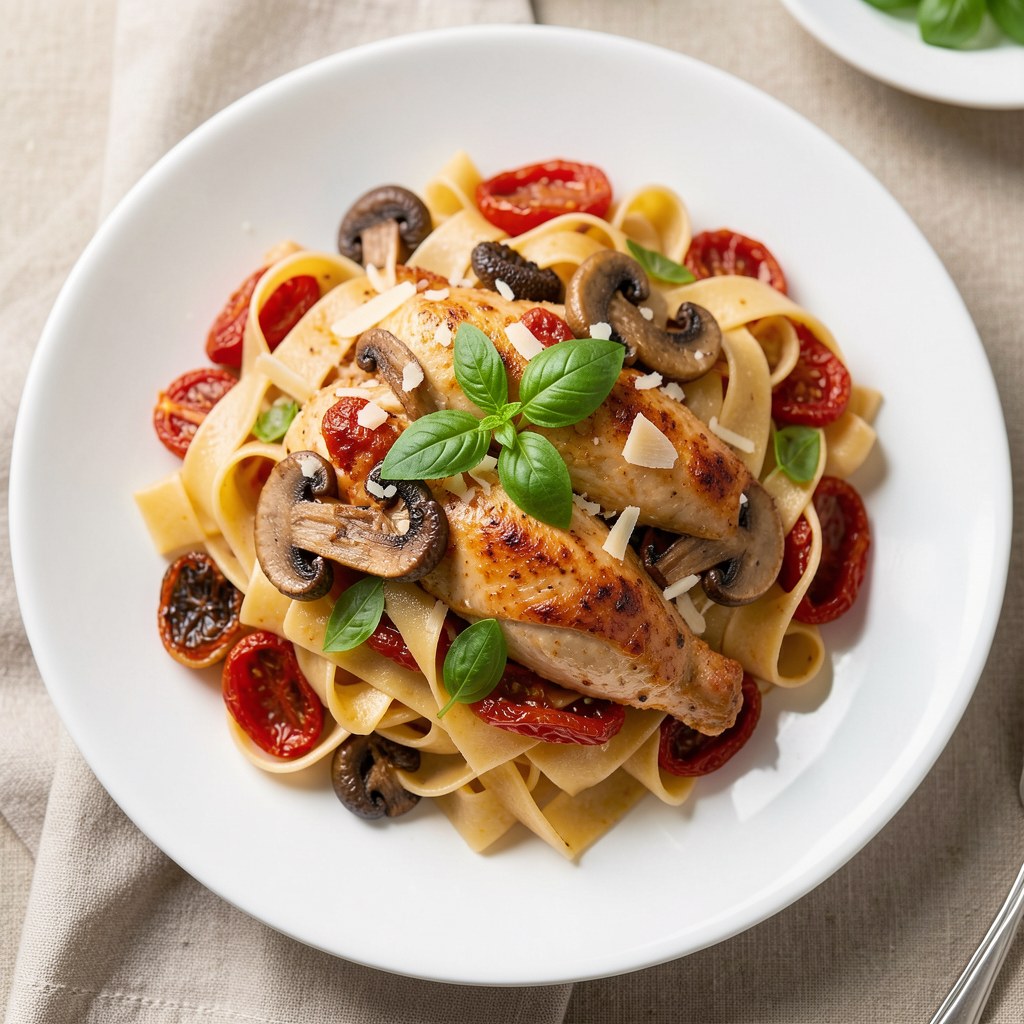 Makaron tagliatelle z kurczakiem i suszonymi pomidorami