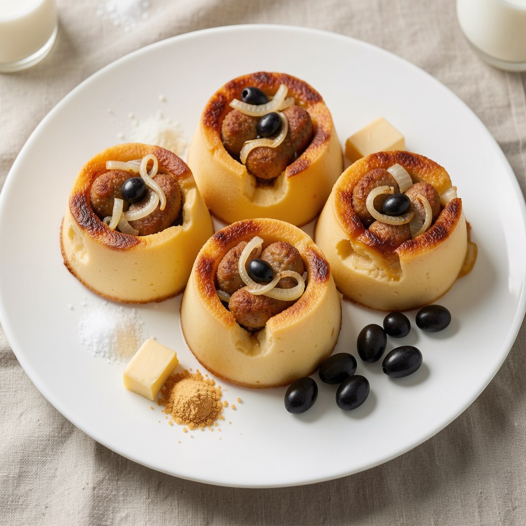 Pudding z Yorkshire z frankfuterkami i skarmelizowaną cebulą