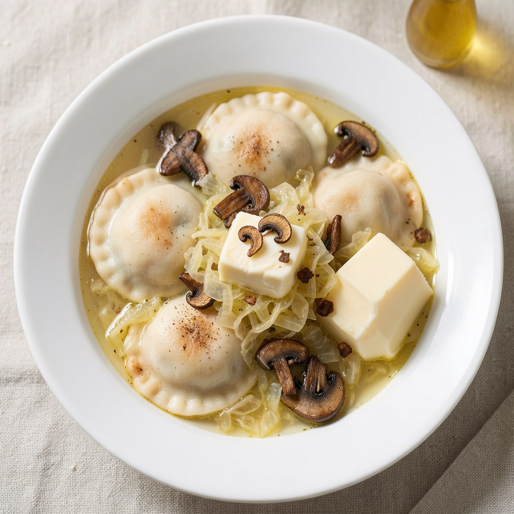 Pierogi z kapustą słodką, kiszoną i grzybami suszonymi