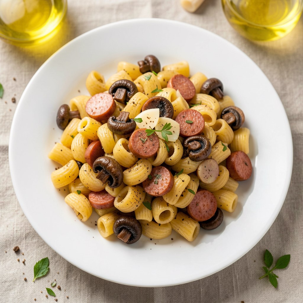Makaron z pieczarkami i kiełbasą