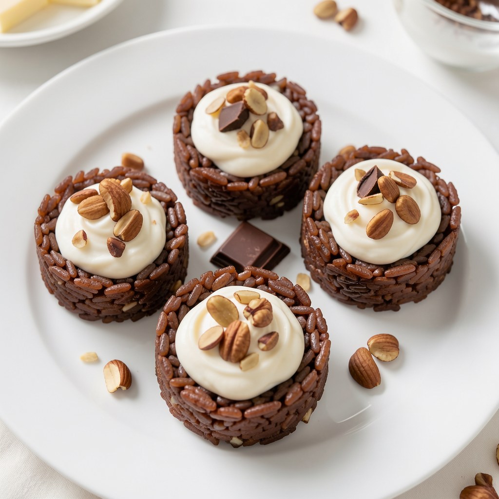 Gniazda ryżowe z białą czekoladą i orzechami laskowymi