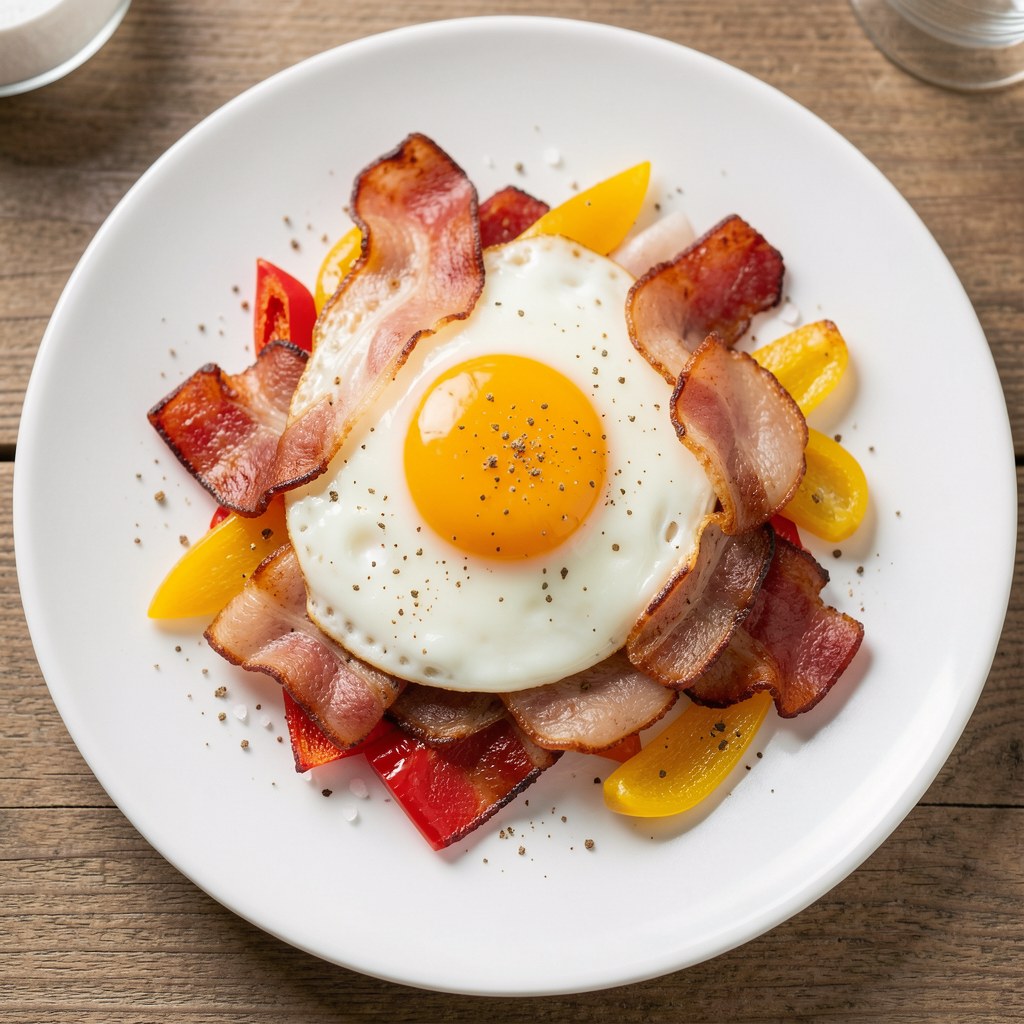 Smażone jajko z plastrami boczku