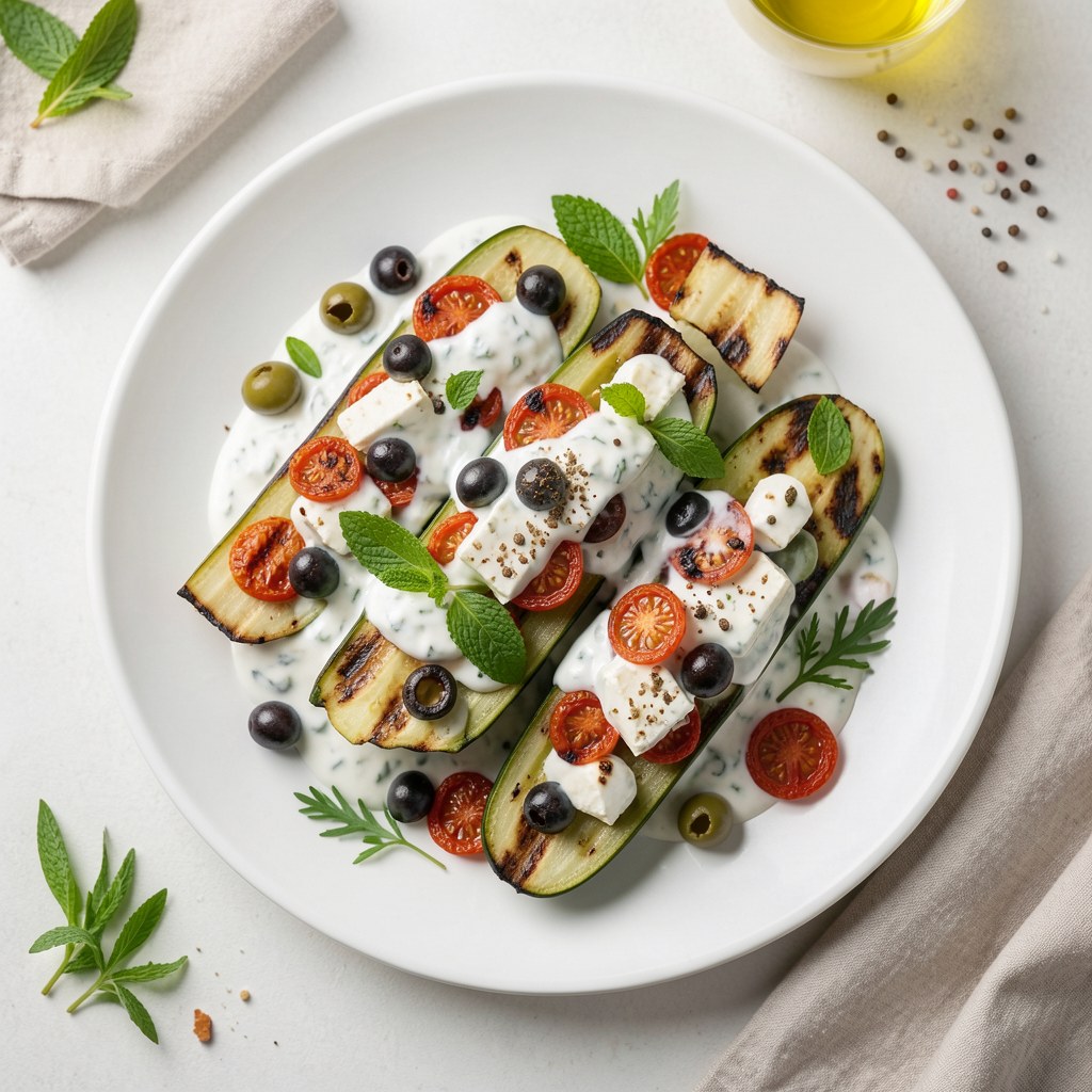 Cukinia faszerowana serem feta, suszonymi pomidorami i oliwkami podana z sosem jogurtowo-miętowym