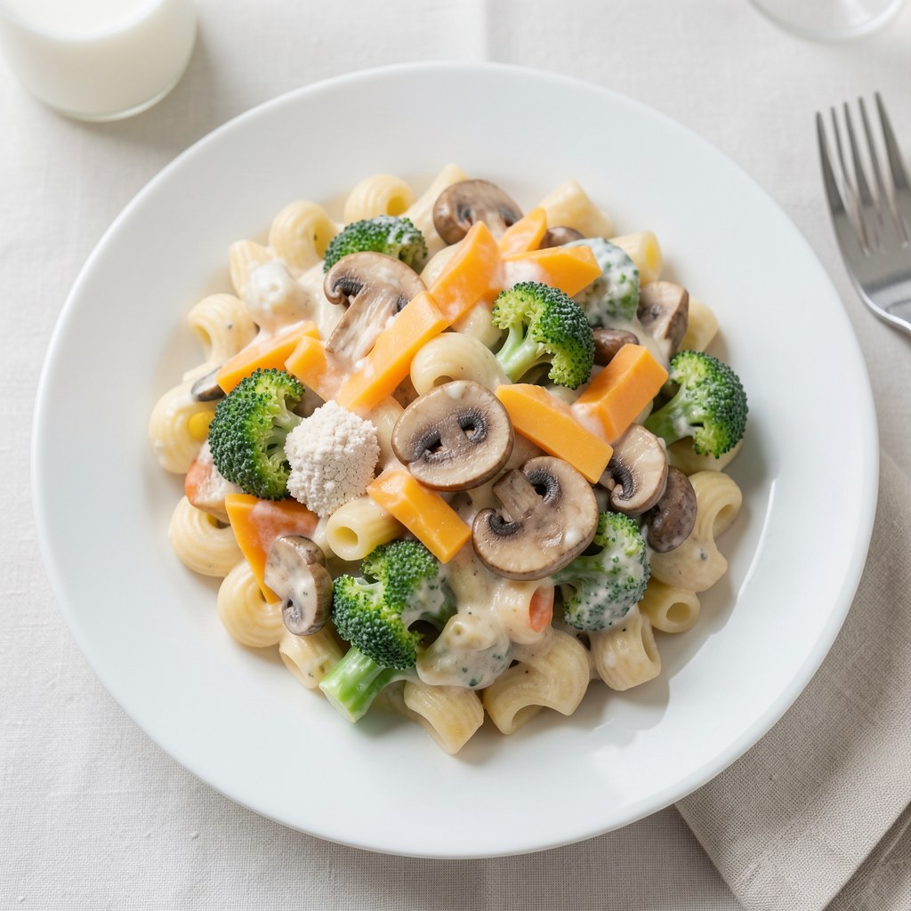 Makaron serowo-brokułowo-pieczarkowy