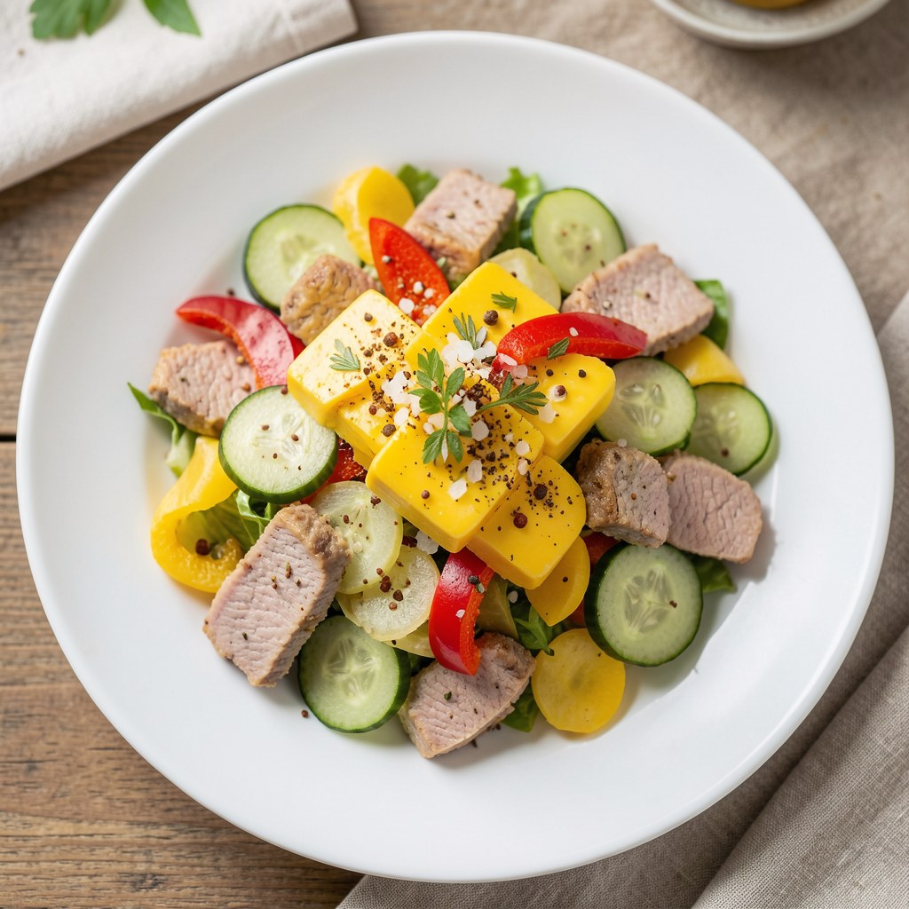 Sałatka z wędliną i żółtym serem w duecie