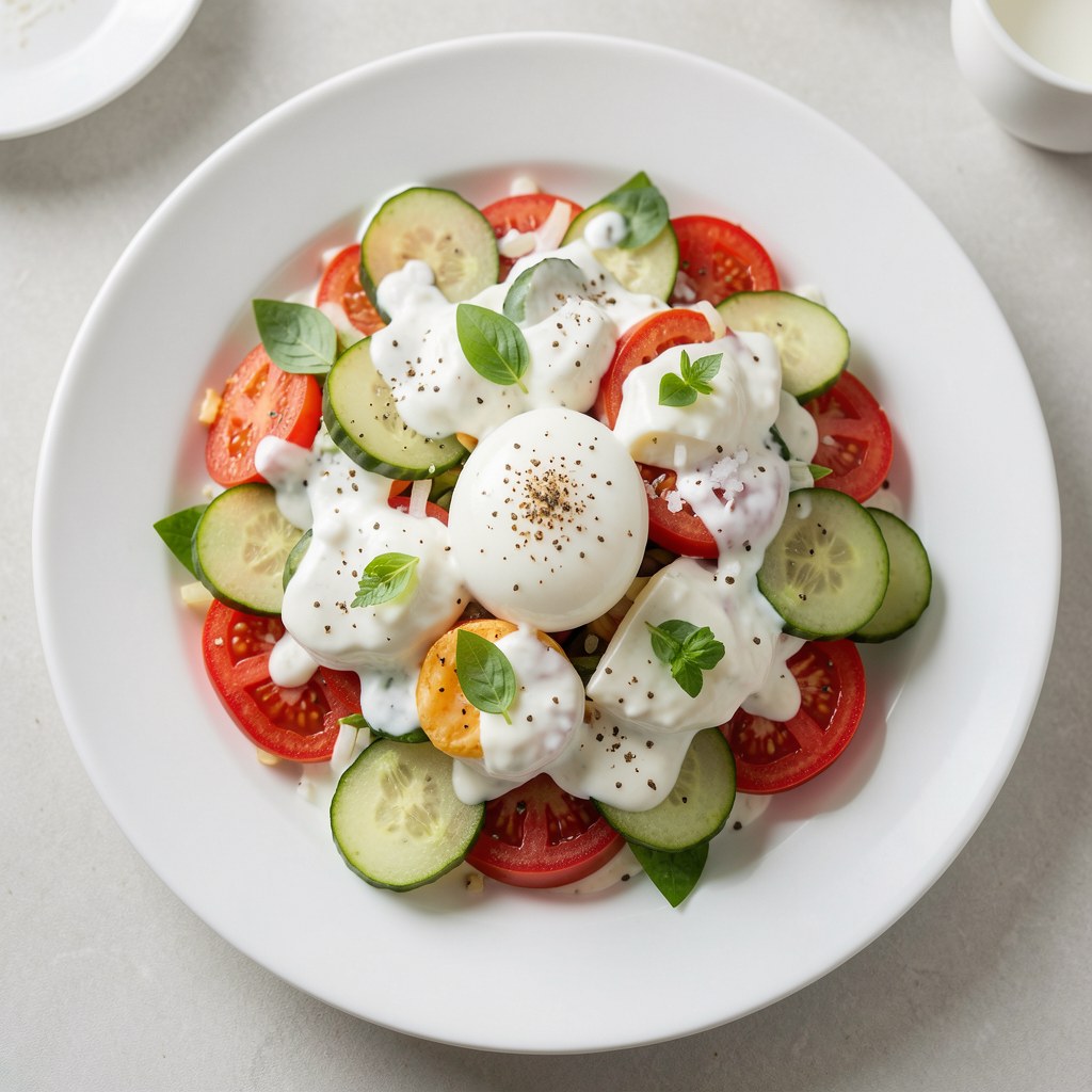 SALATKA Z POMIDOROW OGORKOW I JAJEK W SMIETANIE