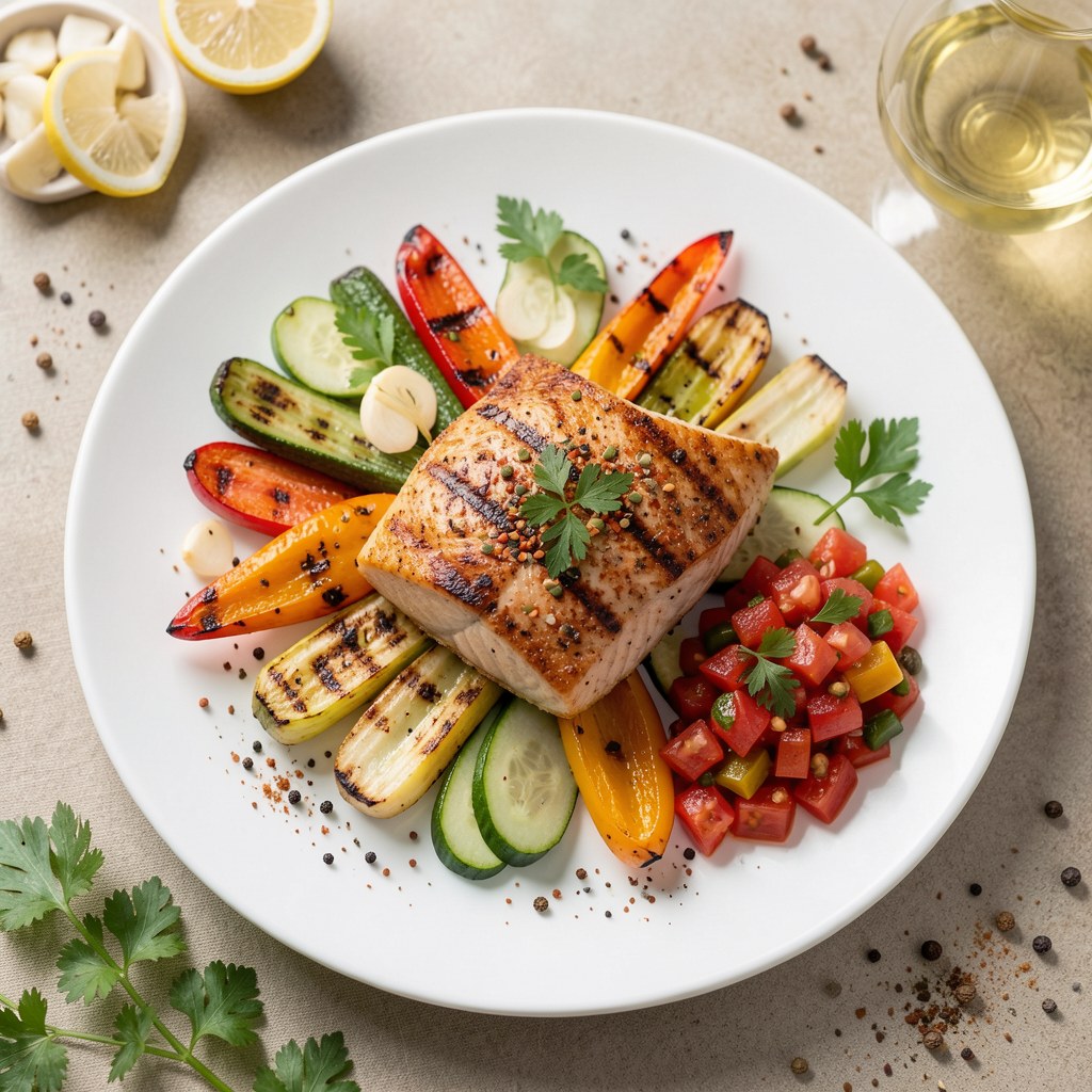 Filet z łososia norweskiego cajun podany z grillowanymi jarzynami i salsą pomidorową