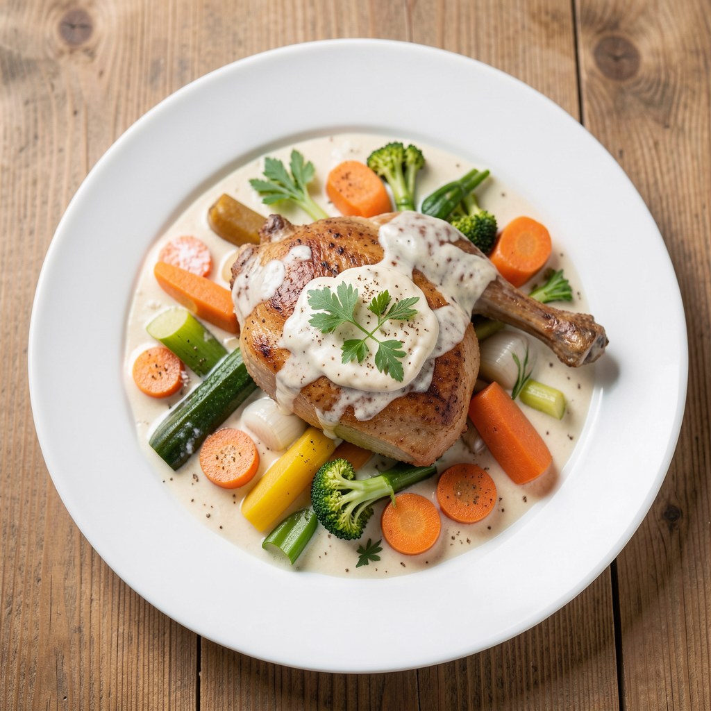 Zając duszony w sosie śmietanowym z warzywami