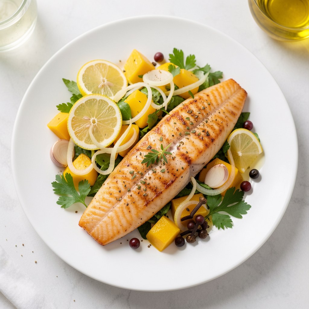 Smażone filety ze śledzia norweskiego z przyprawami i słodko-kwaśnym mango