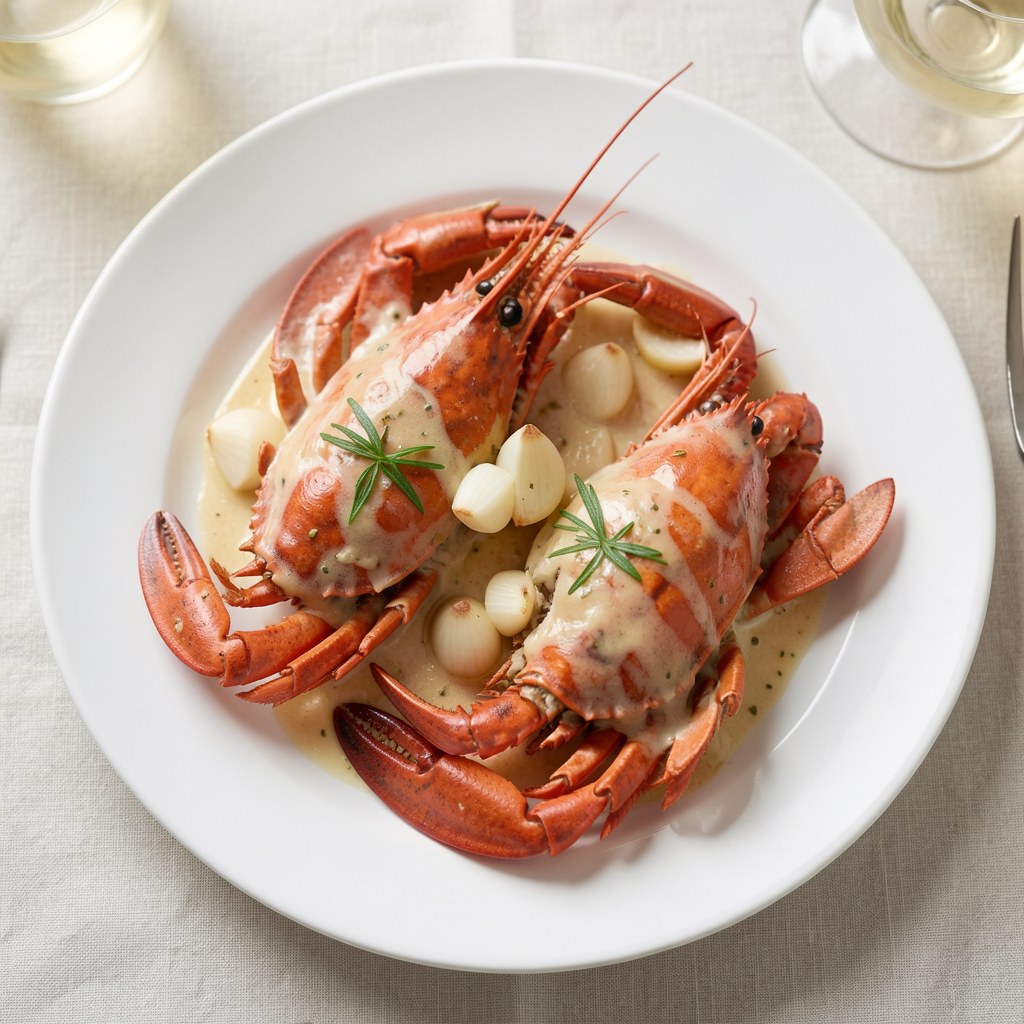 Homary duszone w białym winie