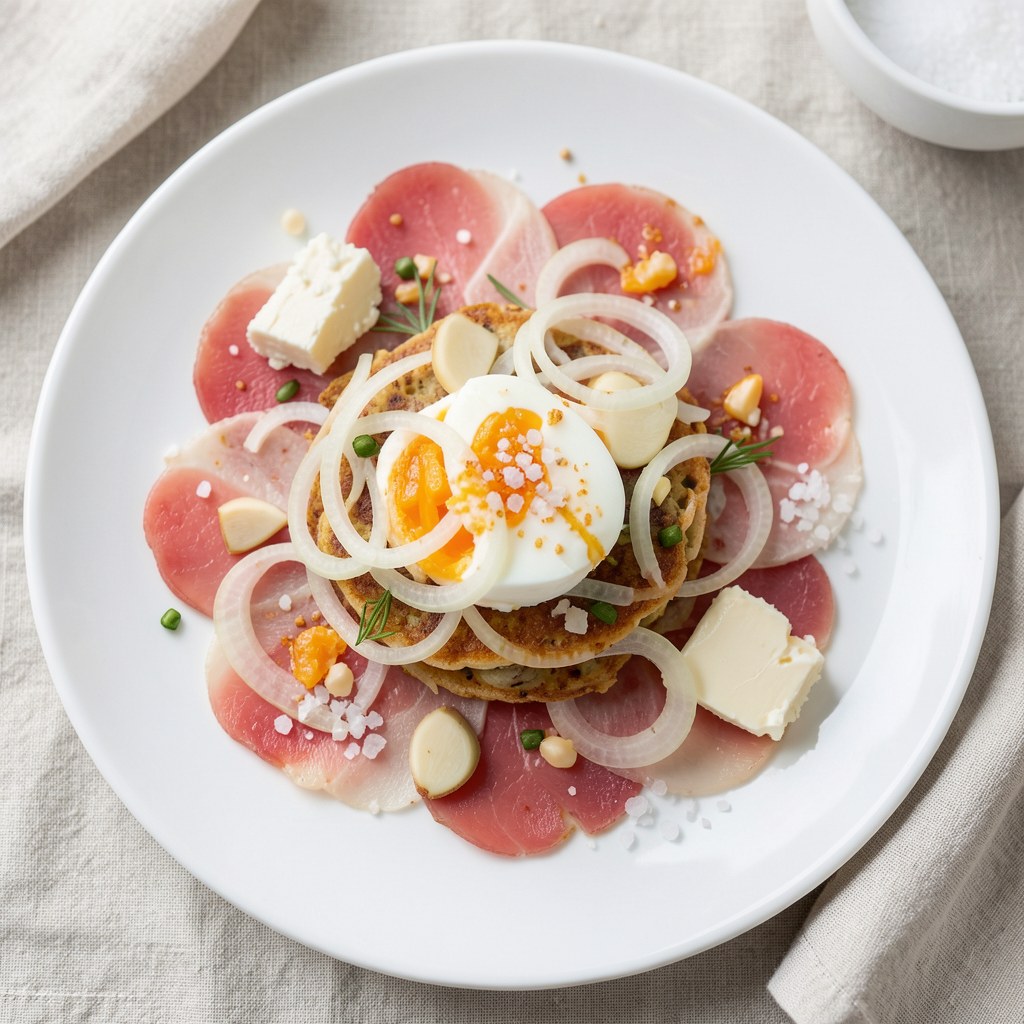 Jajcówka z carpaccio i cebulą