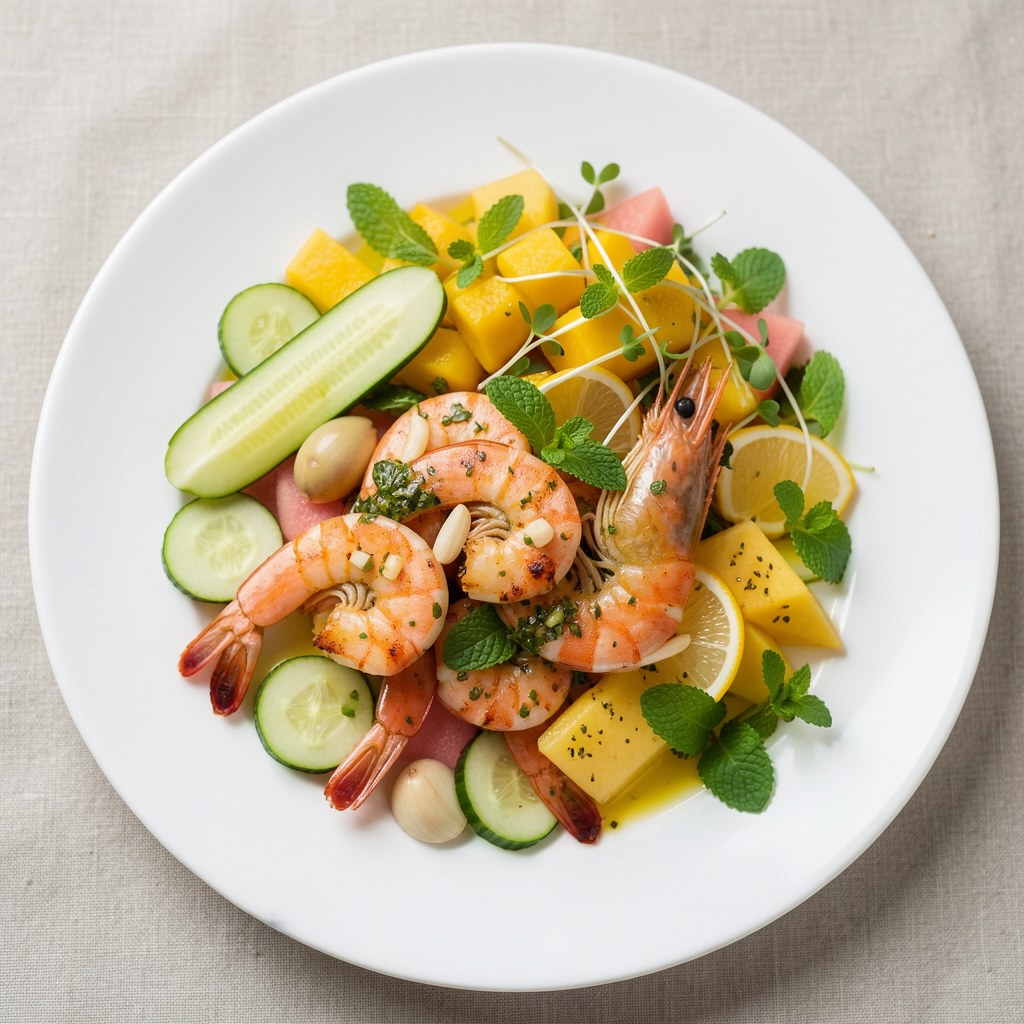 Krewetki królewskie z sosem cytrynowym i kolendrą podane z sałatką z mango, melona gallo i świeżej mięty