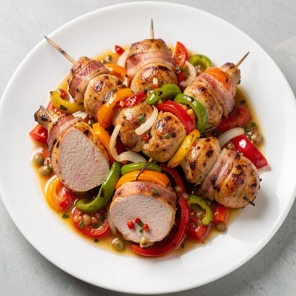 Szaszłyk drobiowy z kolorowymi paprykami i bekonem w zalewie słodko kwaśnej