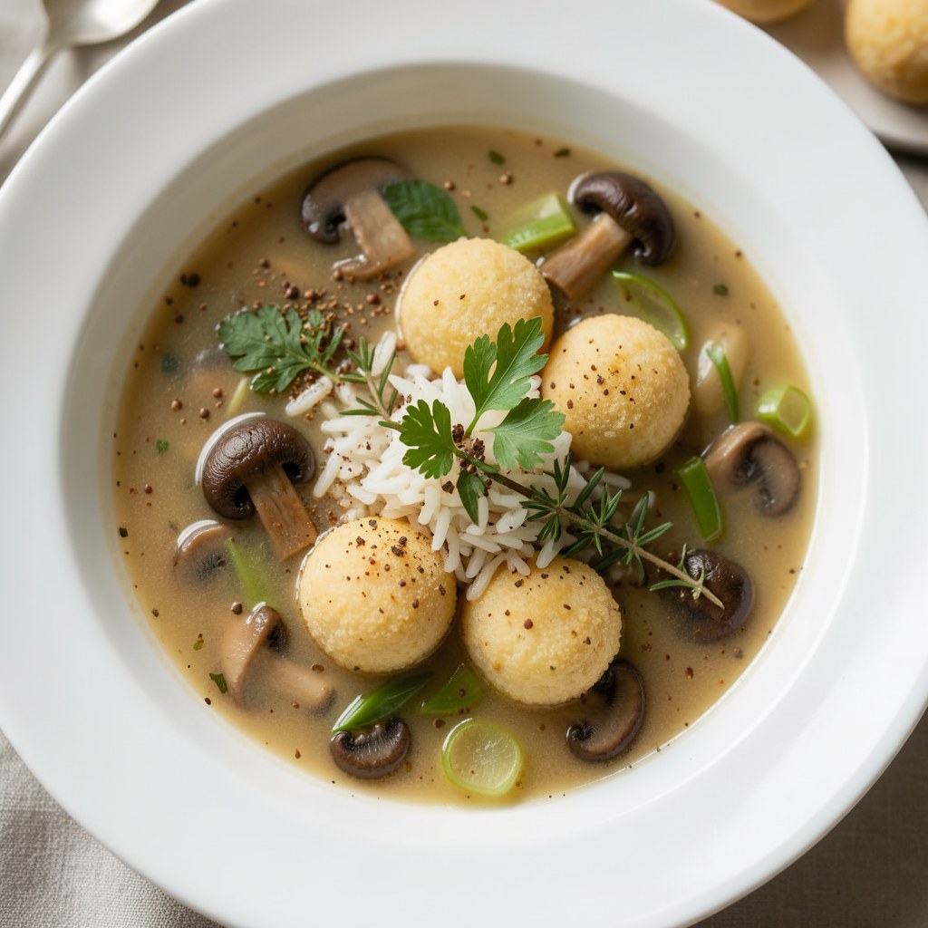 Zupa pieczarkowa z knedelkami ryzowymi
