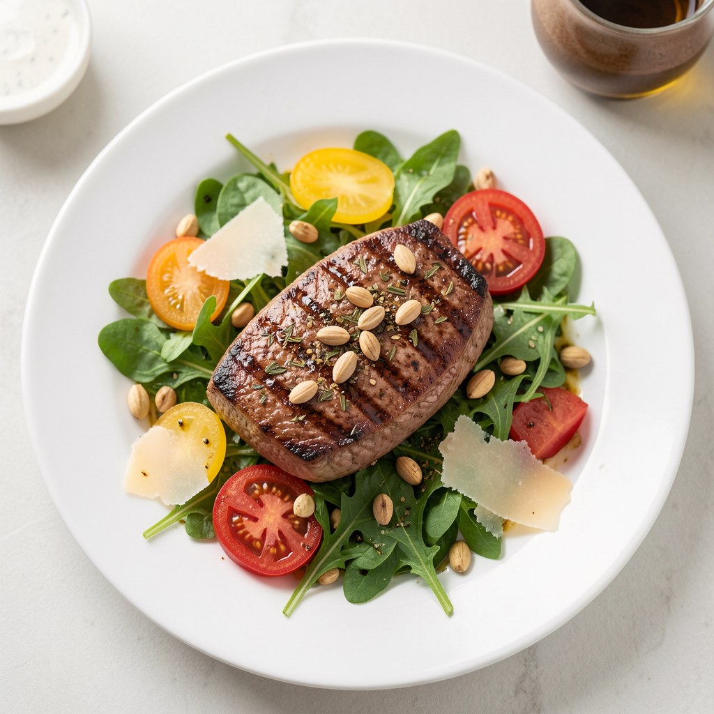 Grillowany filet z sandacza z sałatką z rukoli i pomidorów podany z sosem balsamico