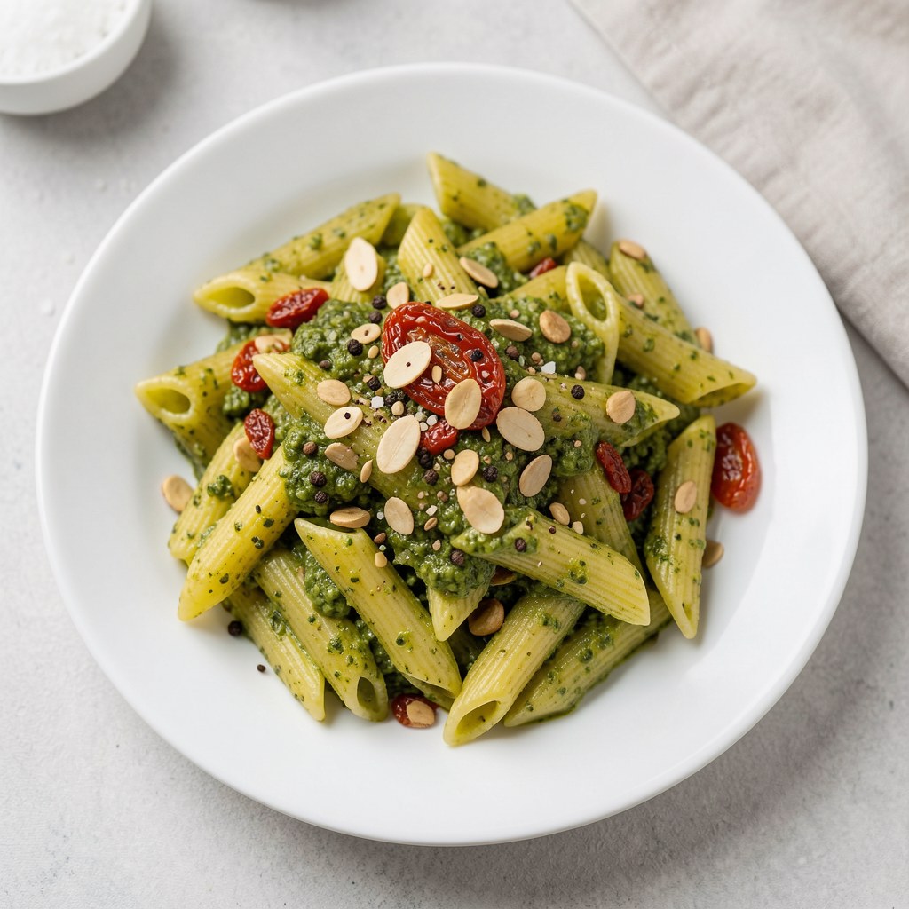 Penne z orzechowo-słonecznikowym pesto