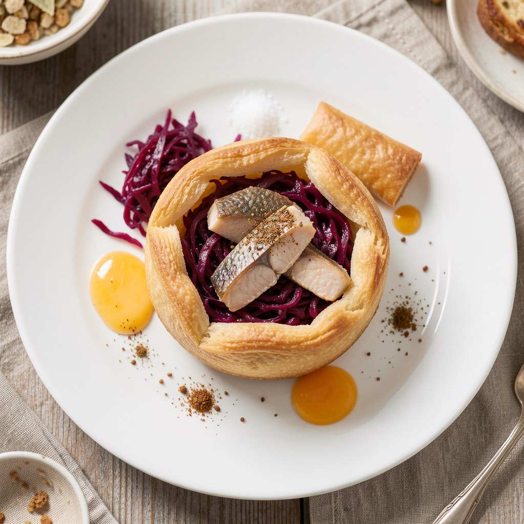 Kulebiak z czerwoną kapuśtą i rybą ;