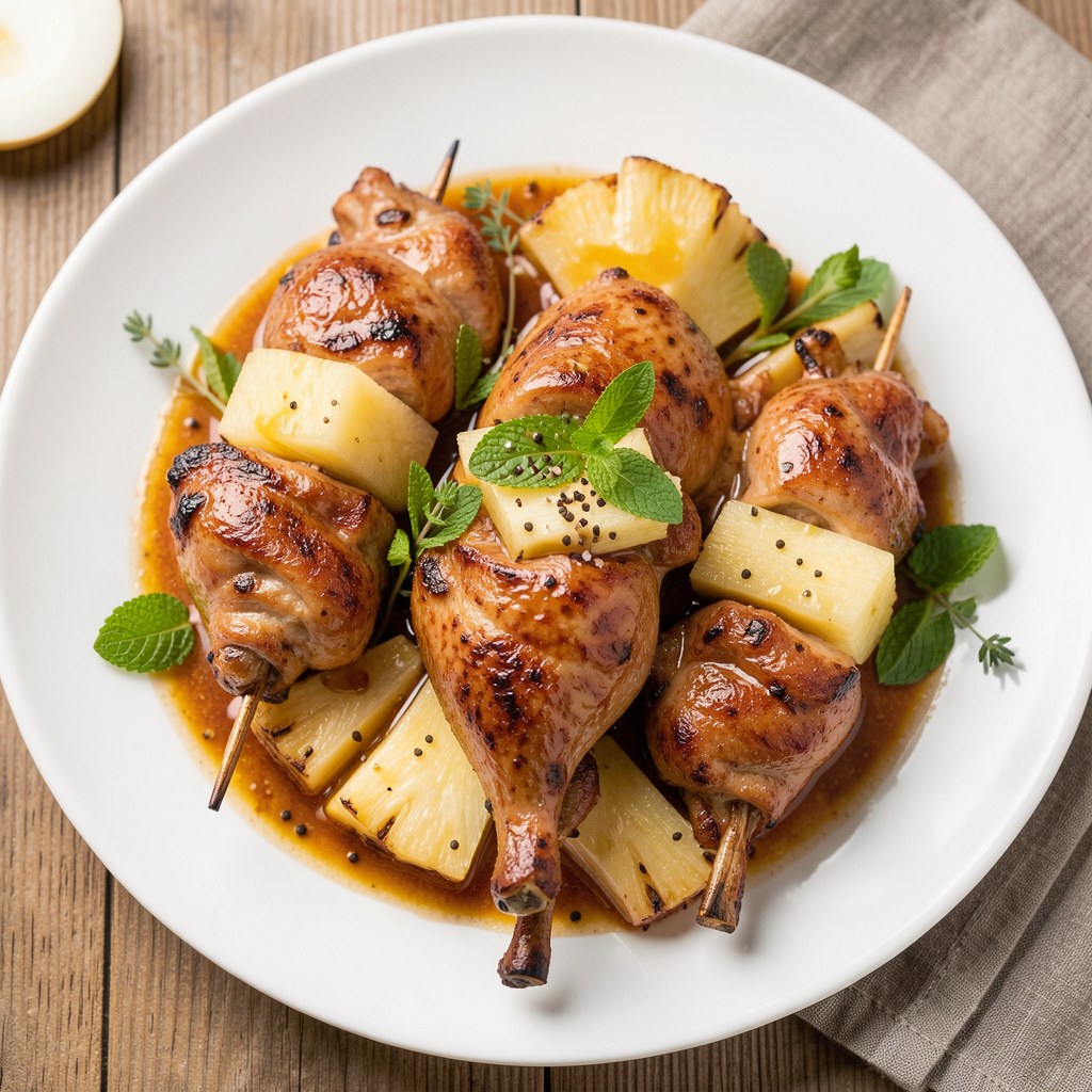 Szaszłyk z indyka z marynowanym melonem i ananasem w zalewie słodko-kwaśnej