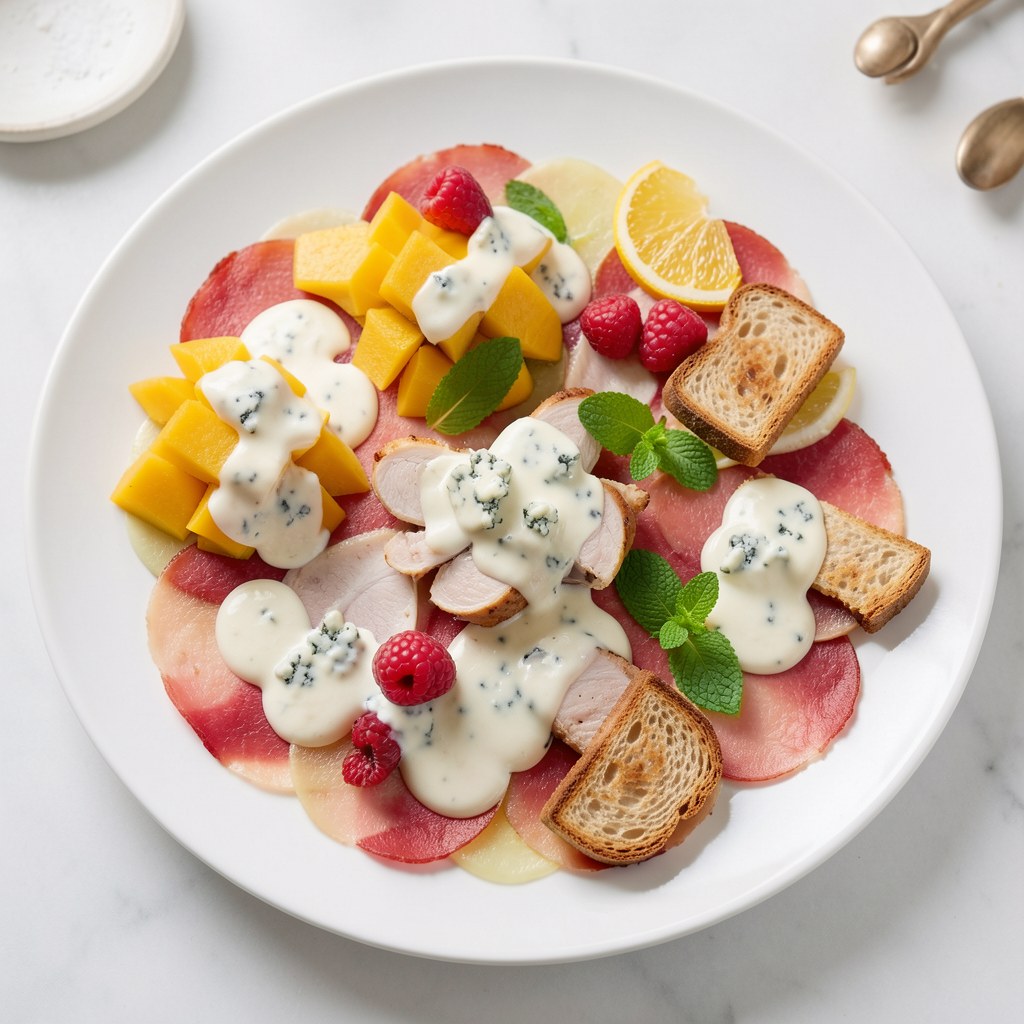 Carpaccio z kaczki z sałatką z mango i melona oraz sosem z białej czekolady i sera gorgonzola