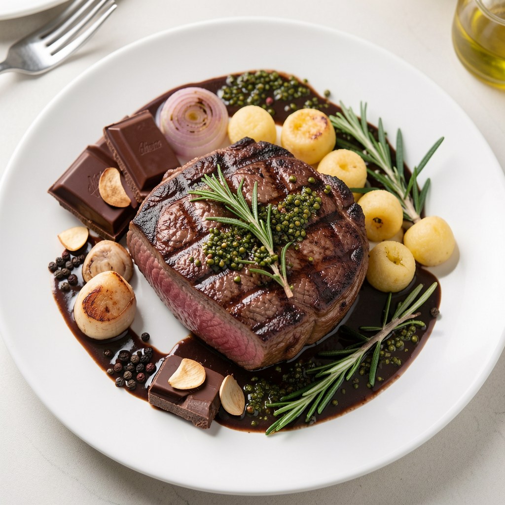 Stek z polędwicy wołowej z gęsią wątróbką podany z sosem z zielonego pieprzu i czekolady