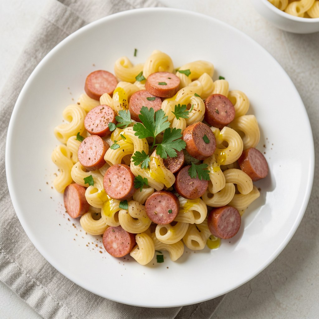 Makaron z kiełbasą i brukselką