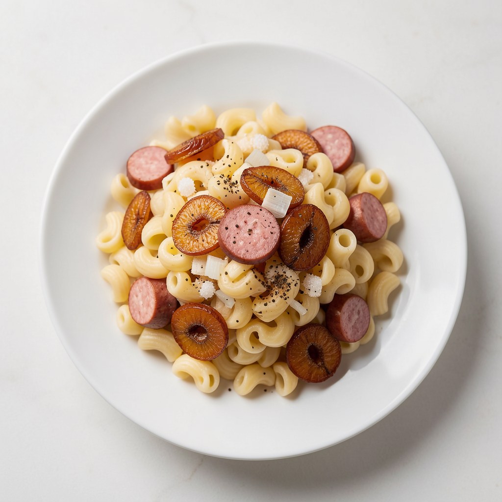 Makaron z kiełbasą i suszonymi śliwkami