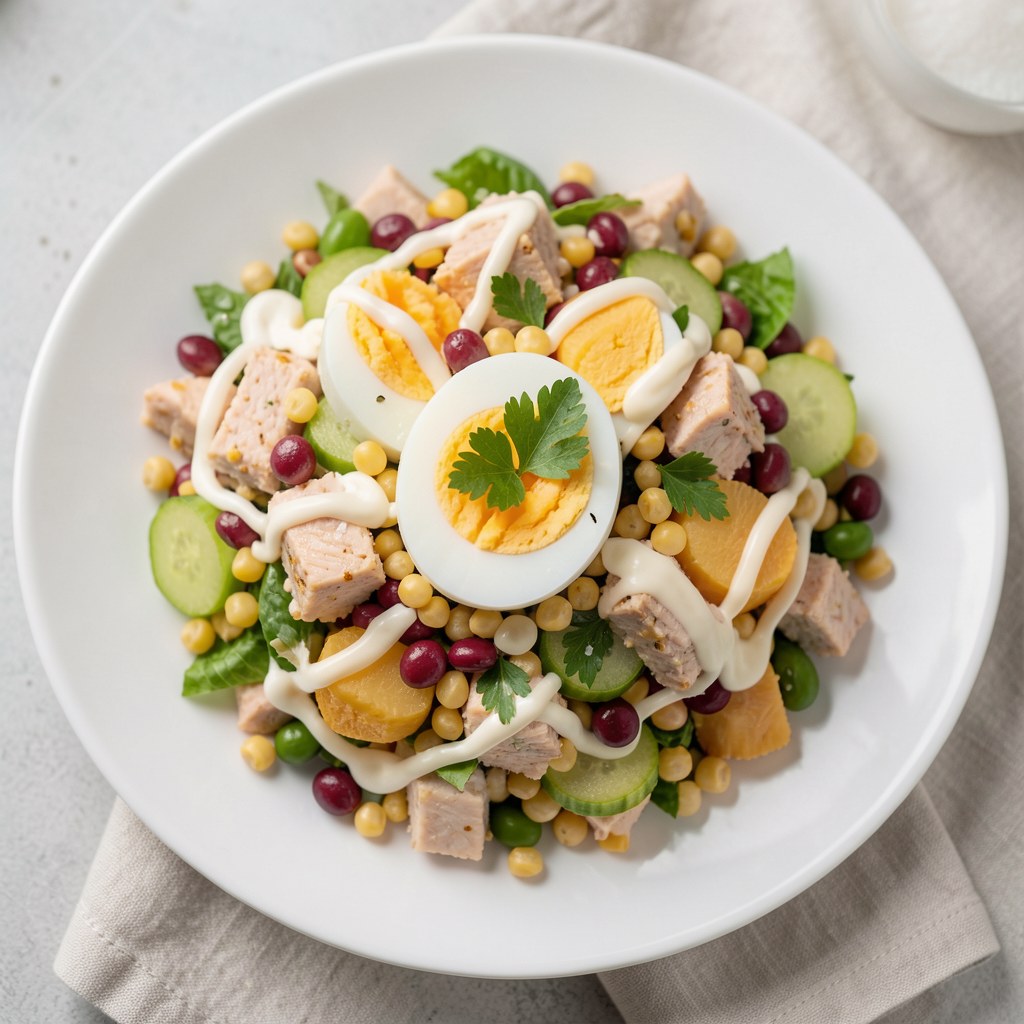 Sałatka jajeczna z tuńczykiem, kukurydzą i fasolą czerwoną