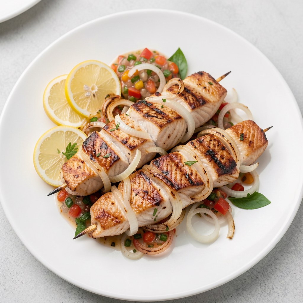 Szaszłyki z łososia z cebulą