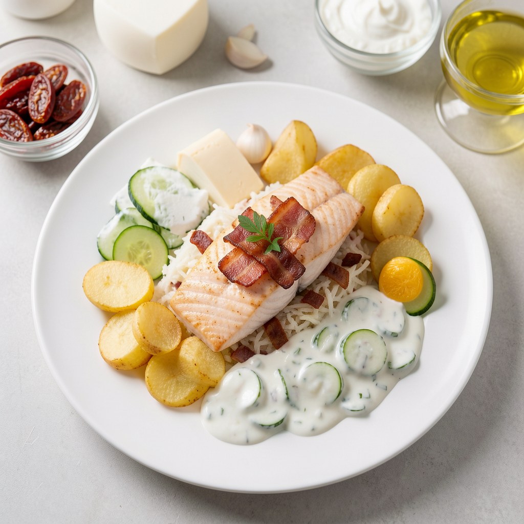 Filet z halibuta na duszonej sałacie lodowej aromatyzowanej wędzonym bekonem podany z chrupiącymi racuszkami ziemniaczanymi z cukinią oraz sosem jogurtowo-ogórkowym