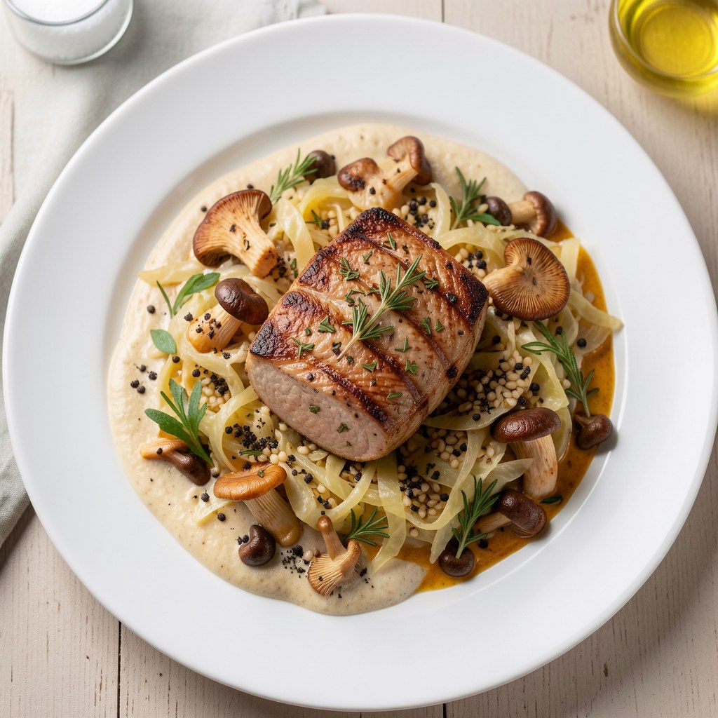 Pieczony filet z sandacza z ziołami podany na smardzach w sosie szafranowym z kapustą faszerowaną pszenicą i borowikami