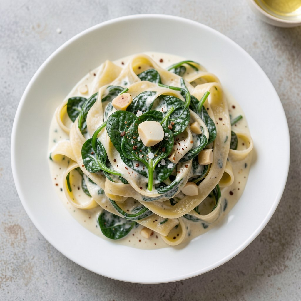 Tagliatelle z liśćmi szpinaku