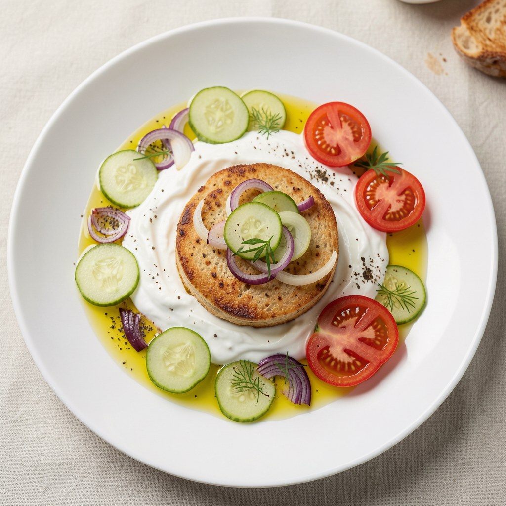 Holenderski matias w oliwie z oliwek aromatyzowanej białą i czerwoną cebulą podany z delikatnym jogurtem ze świeżym ogórkiem