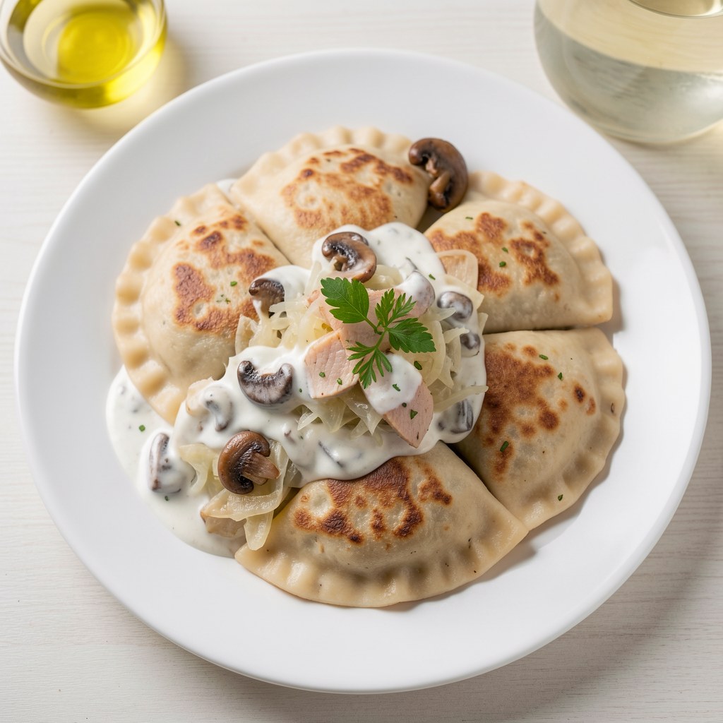 Smażone pierożki z kapustą i grzybami podane z plastrami wędzonego tuńczyka z borowikami w śmietanie i świeżo siekanym koperkiem