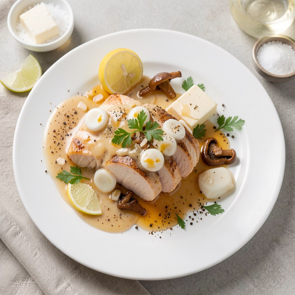 Torcik z łososia i sandacza przekładany musem chrzanowym podany z sosem miodowo-borowikowym