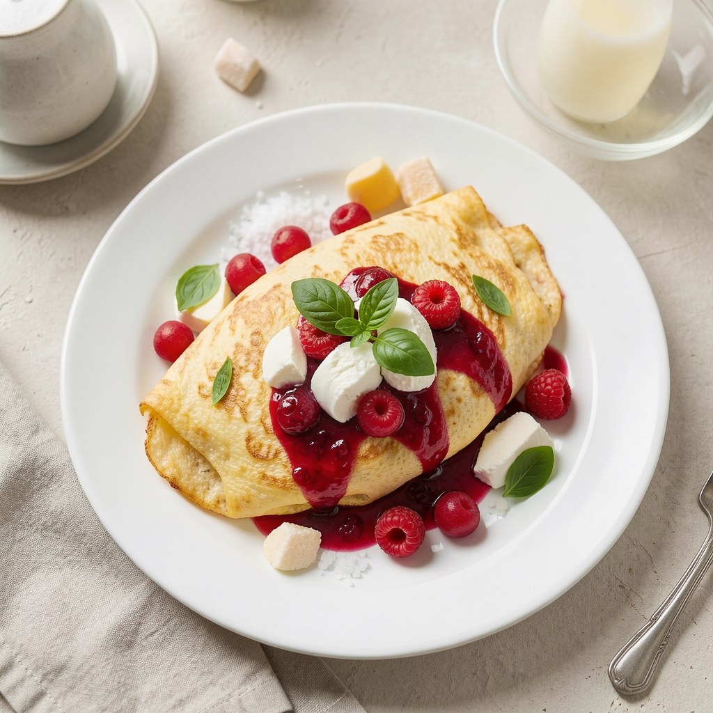 Omlet francuski z konfiturą truskawkową i świeżą bazylią z dodatkiem białego sera