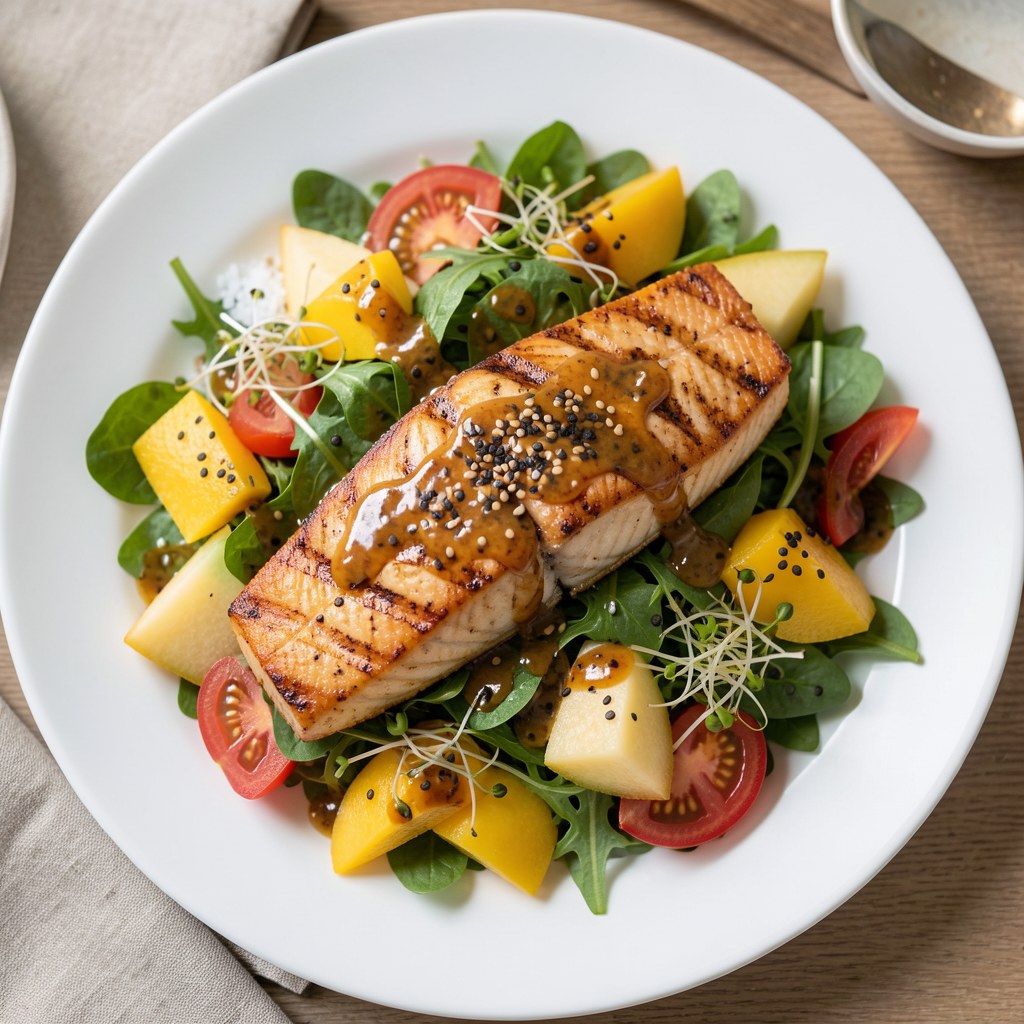 Pieczony łosoś norweski z sałatką z owoców południowych i rukoli oraz sosem miodowo-sojowym