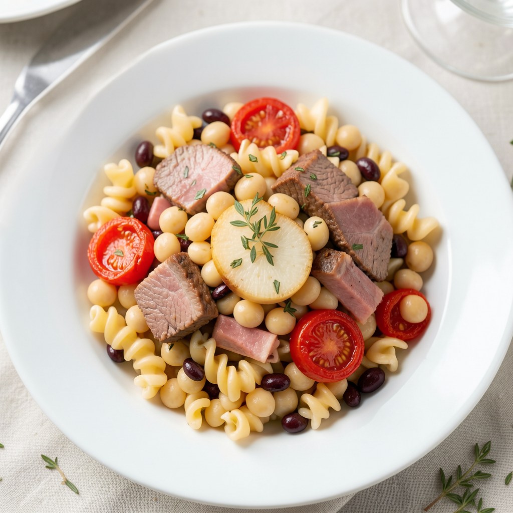 Makaron fusilli rigati z szynką wieprzową i białą fasolą cannellini
