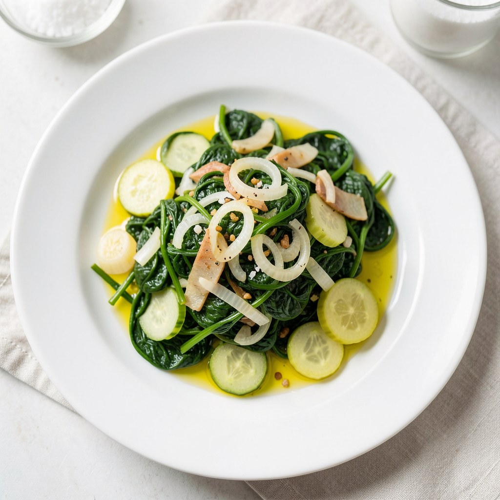 Szpinak z cebuleką i kiszonym ogórkiem