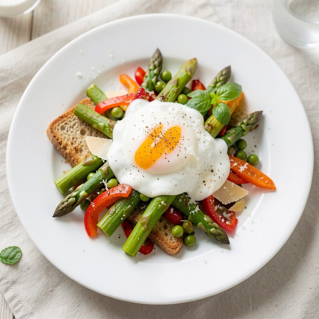 Zielone szparagi zapiekane z warzywami i jajkiem