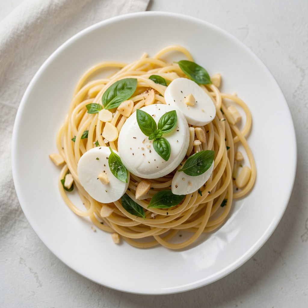Spaghetti z płatkami czesnkowymi, bazylią i mozarellą