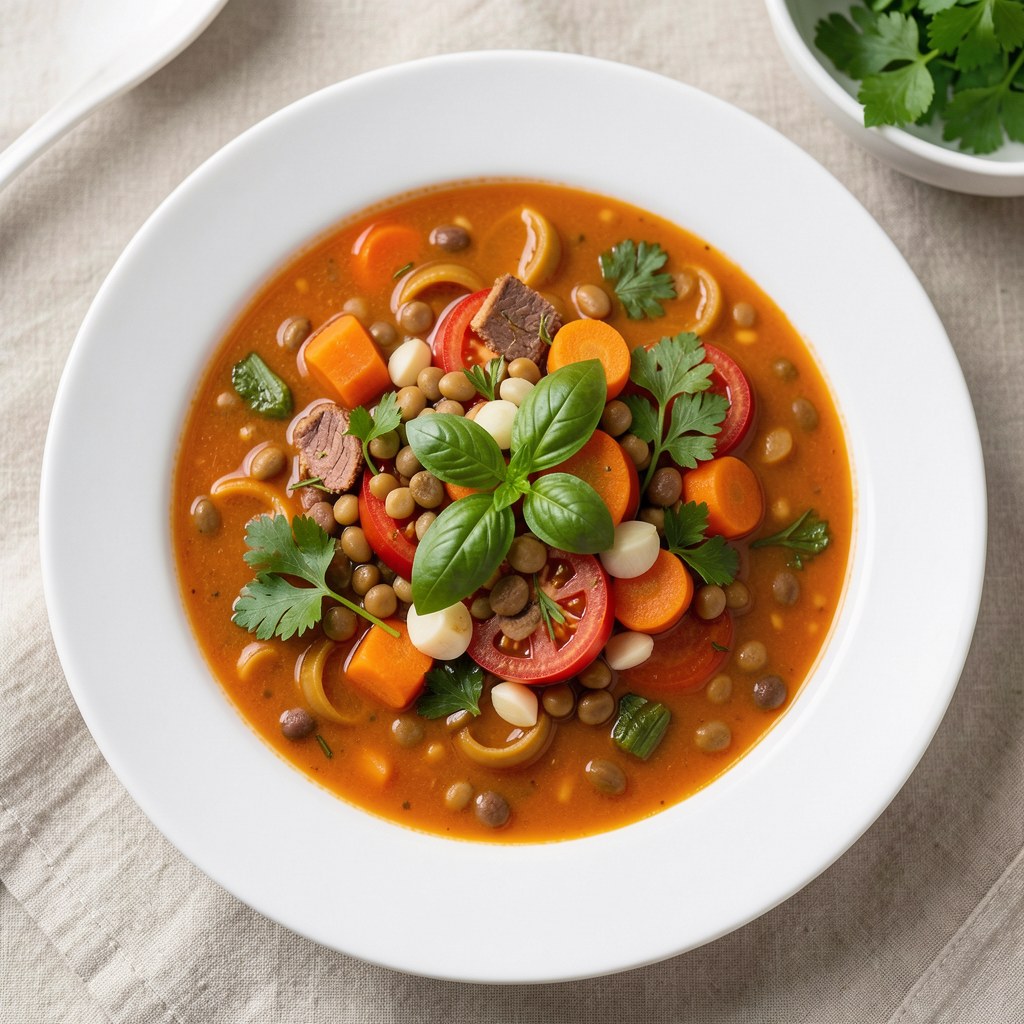 Zupa z soczewicy z pomidorami i bazylią