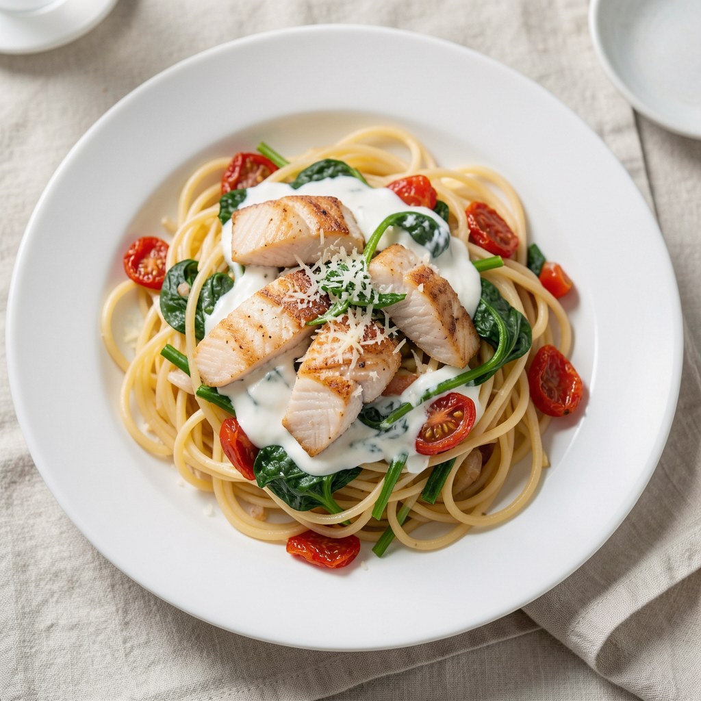 Spaghetti z łososiem i szpinakiem